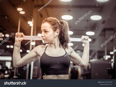 Fit Woman Trains Muscles Fitness Rubber Stock Photo 2152597385