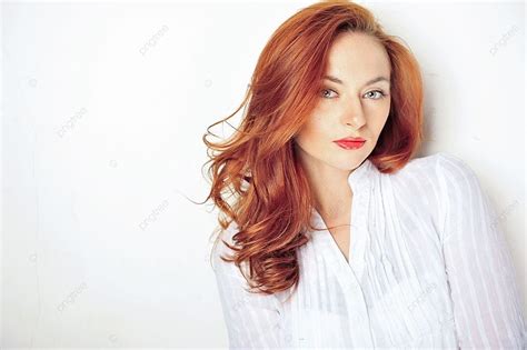 Beauty Portrait Red Haired Model With Sensual Look Photo Background And