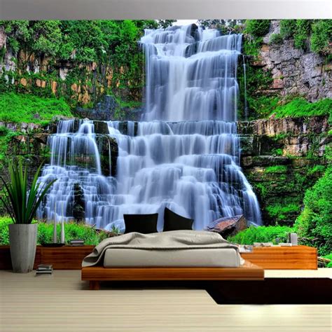 Photo Wallpaper 3d Stereo Mountain Forest Waterfall Landscape Mural
