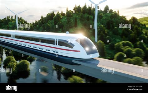 Futuristic Modern Maglev Train Passing On Mono Rail Ecological Future