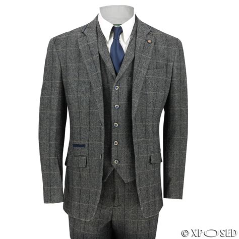 Mens 3 Piece Tweed Suit Vintage Herringbone Check Retro Slim Fit Tan