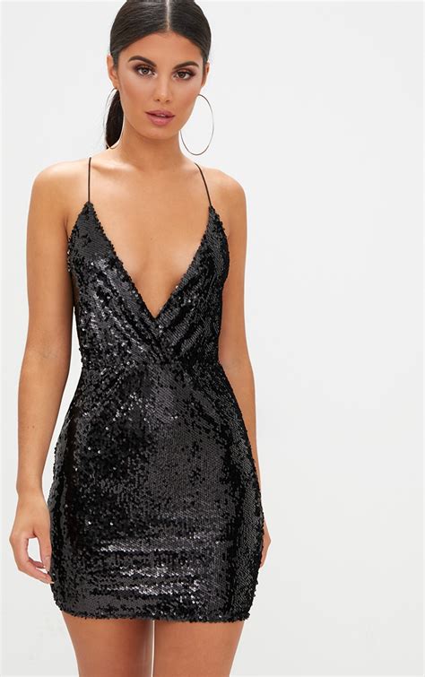 black holographic plunge sequin bodycon dress dresses prettylittlething