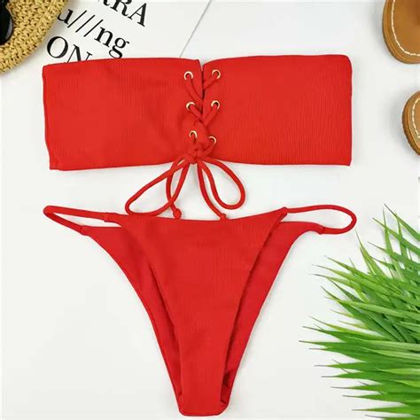 Buy Sexy Thong Bikini 2018 Women Solid Swimwear Red