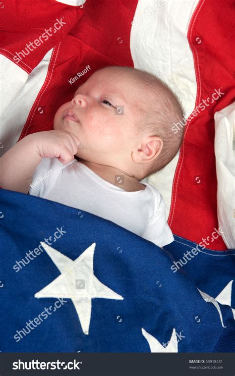Newborn Baby Boy Wrapped In The American Flag Stock Photo 53918431