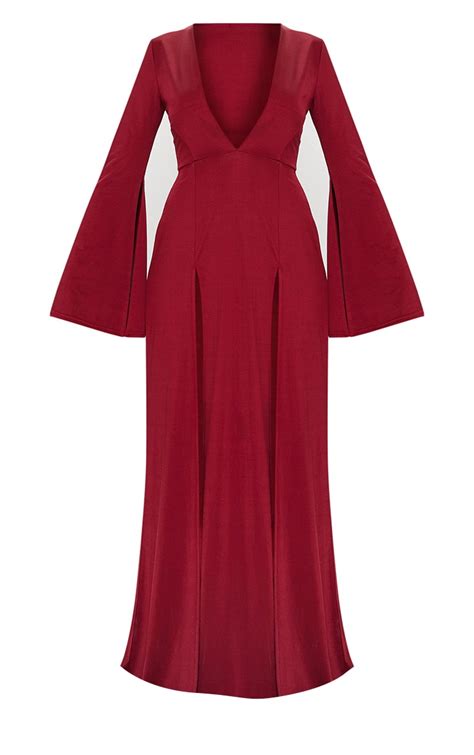 Burgundy Plunge Extreme Double Split Long Sleeve Maxi Dress