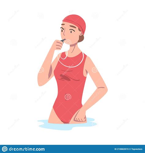 Woman Swimming Coach Character Trainer With Whistle Teaching Swimmers At Swimming Class Cartoon