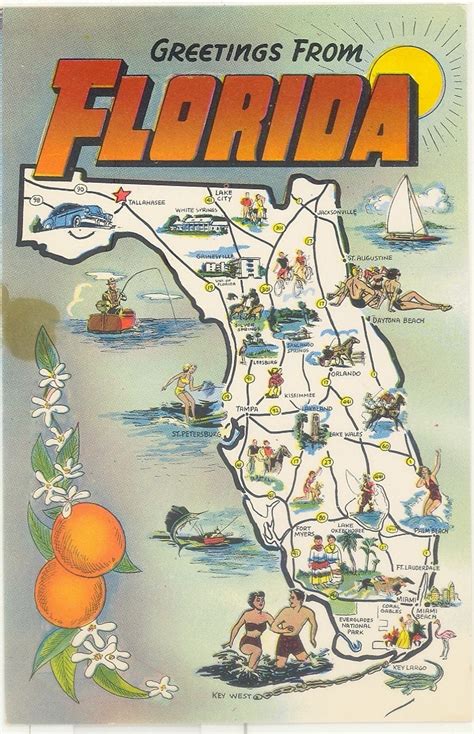 Vintage Florida Postcard Greetings From Florida Map Oranges