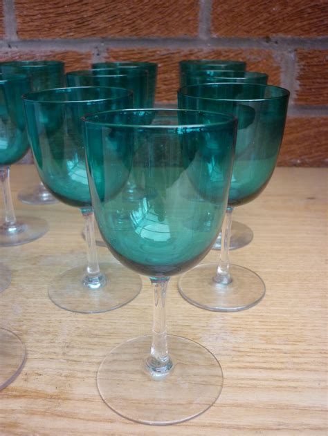 Stunning Set Of 11 Bristol Green Mid 19th Century Hand Blown Glass Wine Glasses 651890