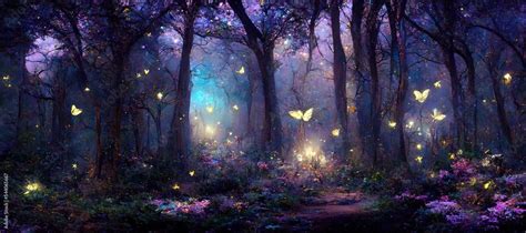 Wide Panoramic Of Fantasy Forest With Glowing Butterflies Fantasy
