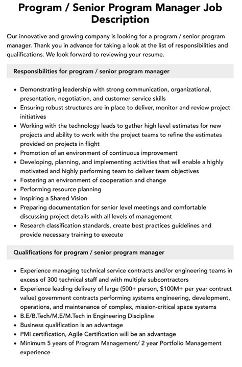 Program Senior Program Manager Job Description Velvet Jobs