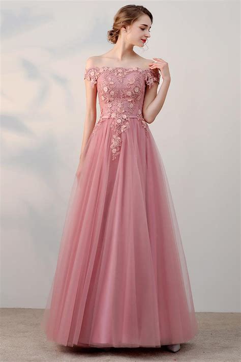 Chic A Line Off The Shoulder Pink Appliques Tulle Long Prom Dresses Uk