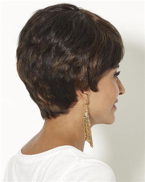 human hair pixie wigs with short wavy layers and a tapered back