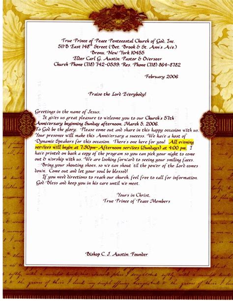 Example Of Church Anniversary Invitation Letter
