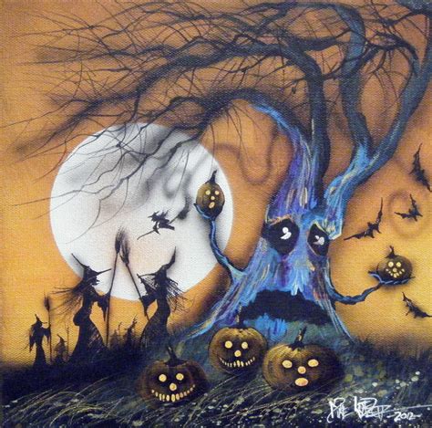 Original Painting Halloween Folk Art Witch Cat Haunted Landscape Bat