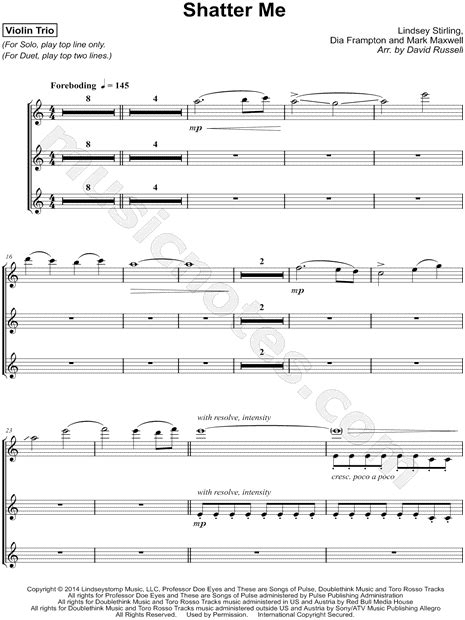 Lindsey Stirling Shatter Me Violin Trio Sheet Music In A Minor