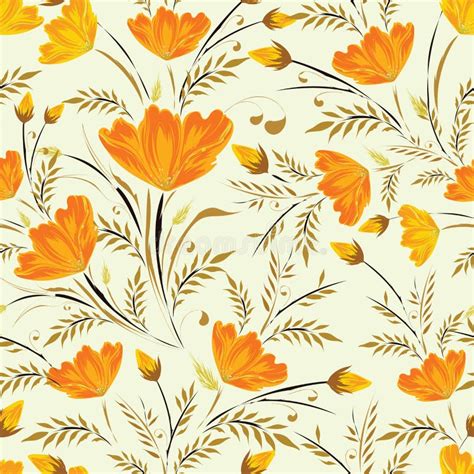 Floral Pattern Based Seamless Background Decorated With Orange F Stock