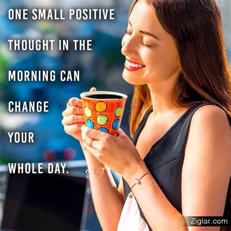 A Woman Holding A Coffee Cup With The Words One Small Positive Thought