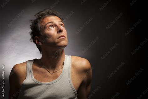 Isolated Thinking Man Face Looking Up Low Key Studio Portrait Black