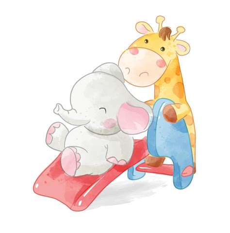 Cute Cartoon Animal Friends Playing Slide Illustration 5093339 Vector