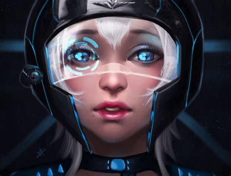 blue eyes face science fiction women women anime girls anime helmet futuristic science