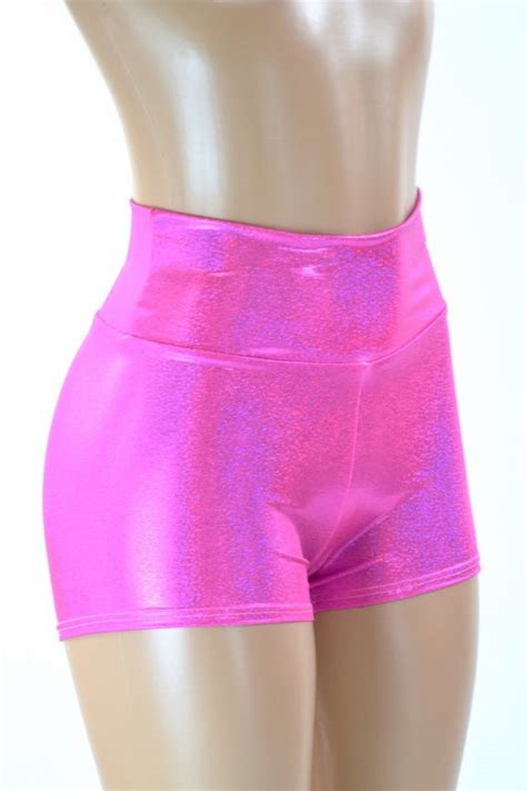 High Waist Neon Pink Metallic Holographic Spandex Booty Shorts