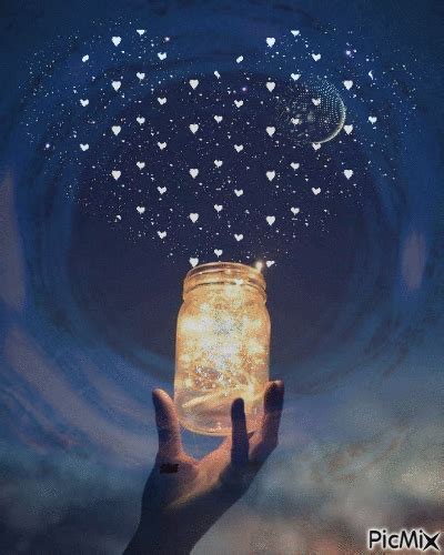 A Hand Holding A Mason Jar With Hearts Floating Out Of It In The Night Sky