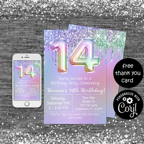 Glitter 14th Birthday Invitation Rainbow Drips Purple Birthday Party