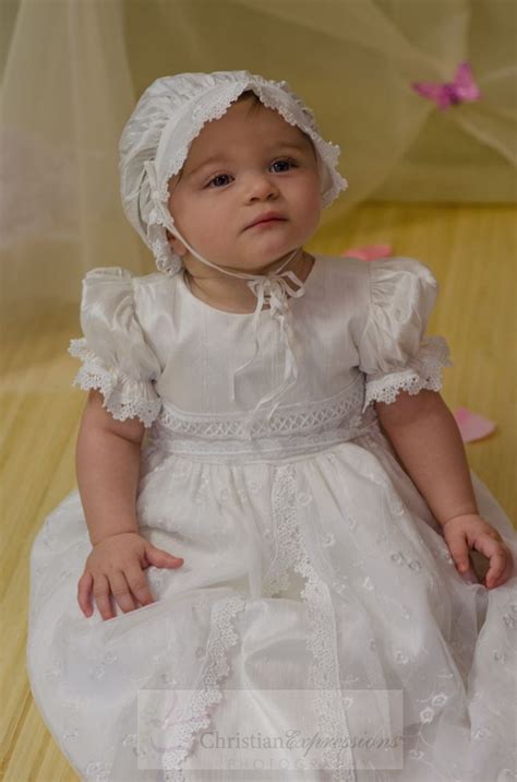 Beautiful Silk Christening Gown For Girls With Matching Bonnet Pearl