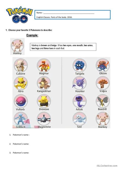 Pokémon Parts Of The Body English Esl Worksheets Pdf And Doc