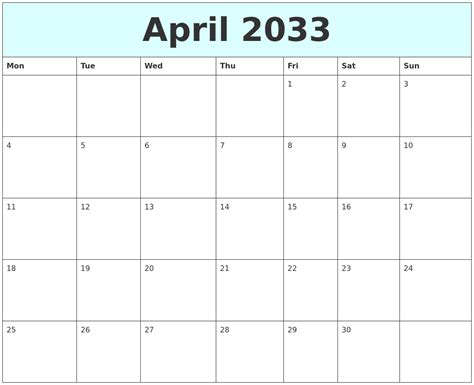 April 2033 Free Calendar