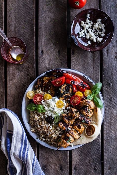 Greek Chicken Souvlaki And Rice Pilaf Plates Wmarinated Veggies Feta