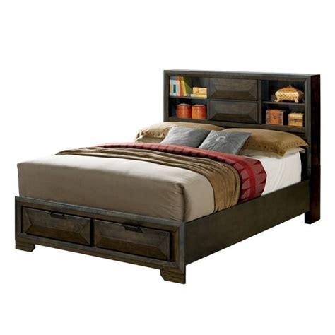 Contemporary Style Queen Bed With Bookcase Headboard And Drawers Brown