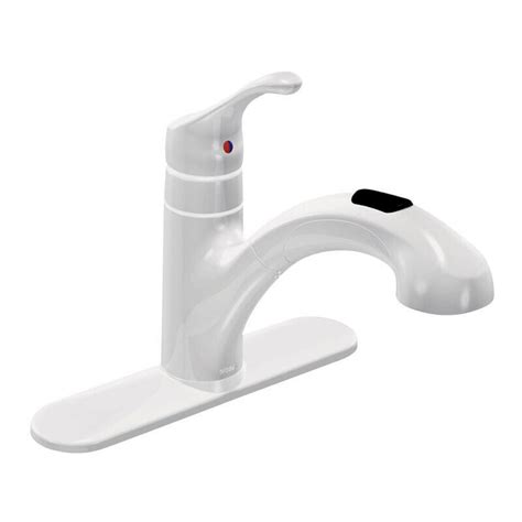 The wand integrates stream and spray functionality. Moen Pullout Kitchen Faucet Low Lead Single Handle Renzo ...