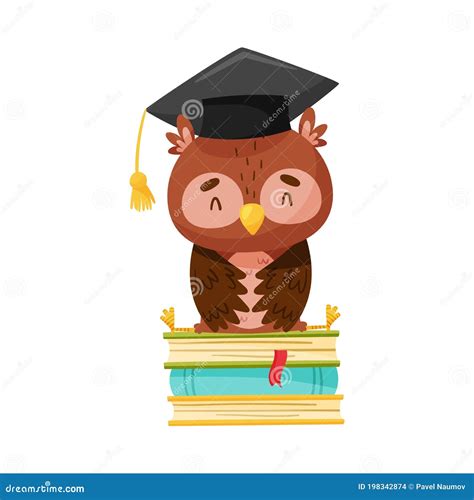 Cute Owl In Graduation Hat Sitting On Pile Of Books Vector Illustration