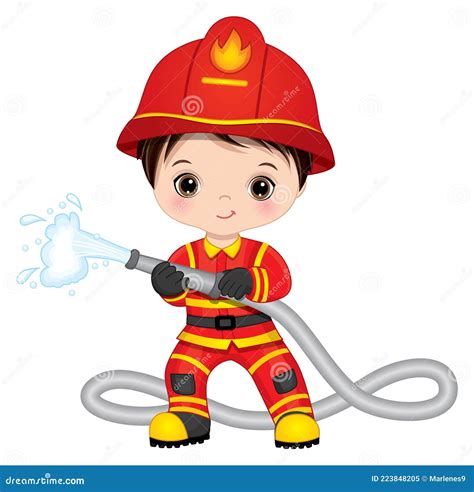 Firefighter Cute Little Boy With Fire Hose Stock Vector Illustration