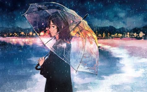 Rain Anime Girl Umbrella Art Original Wallpaper
