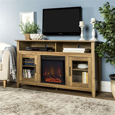 Walker Edison Tall Fireplace Tv Stand For Tvs Up To 64 Rustic Oak