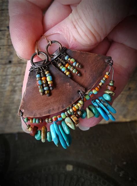 Tribal Southwest Turquoise Fringe Aged Copper Earrings Primitive