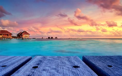 Tropical Beach Nature Sunset Landscape Bungalow Maldives Resort Sky