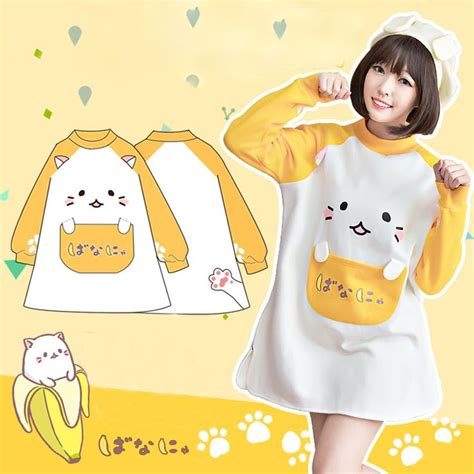 mori girl dress on mori girl の森ガール cute cartoon banana cat dress japanese contrast fleeces mg387