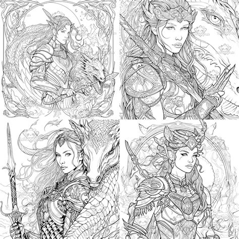 Printable Adult Coloring Pages Of Female Warriors Dragons Etsy Australia