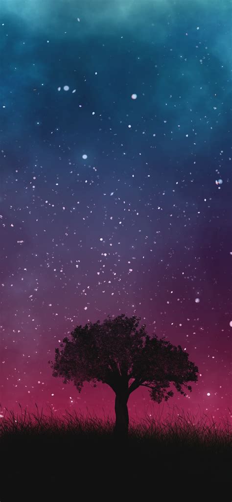 Single Tree Grass Starry Sky Night 1242x2688 Iphone Xs