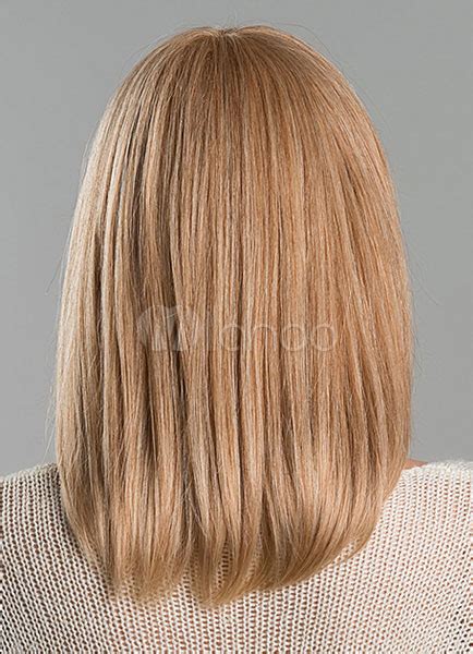 Flaxen Human Hair Wigs Women S Medium Straight Wigs With Bangs Milanoo Com