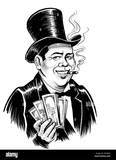 Rich Man With Cash Money Ink Black And White Drawing Stock Photo Alamy