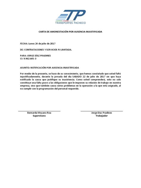 Carta De Amonestación Por Ausencia Injustificada Pdf