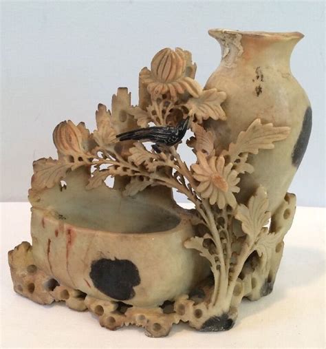 Vintage Chinese Hand Carved Soapstone Vase With Birds And Flowers Amazing