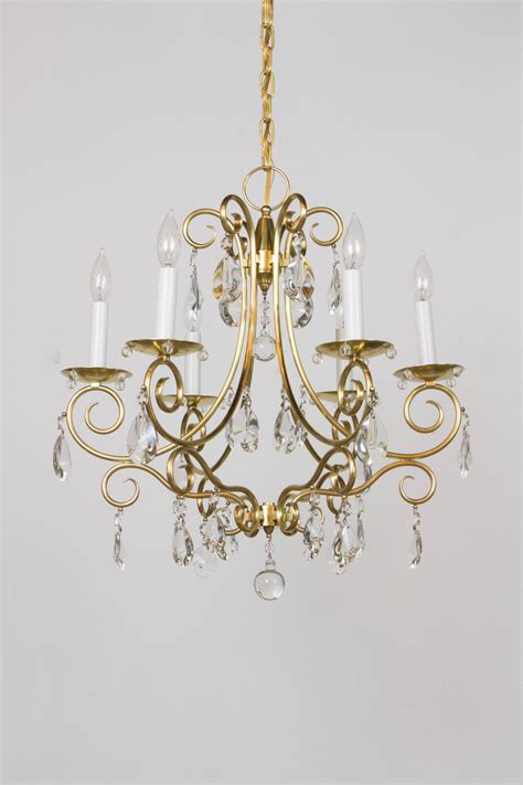 Mid Century Brass And Crystal Six Light Chandelier Appleton Antique