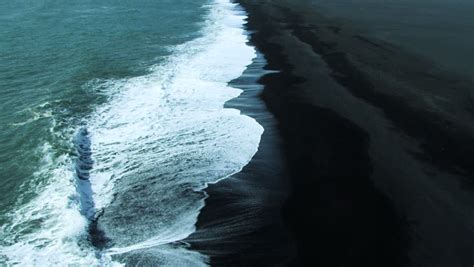 Aerial View Of Black Volcanic Ash Beach In Iceland Stock Footage Video