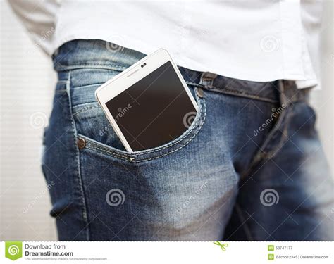 Big White Smart Mobile Phone In Jeans Pocket Stock Image Image Of
