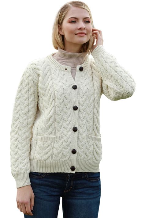 Aran Super Soft Merino Wool Button Up Cardigan Sweater Irish Cable